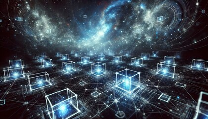 A network of blue glowing squares connected by complex lines, intricate digital connections or data network.