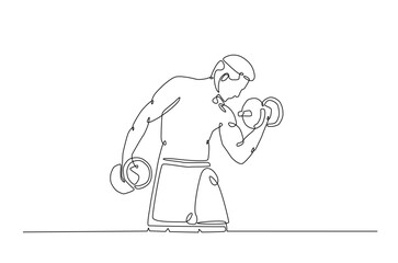 Man workout using barbell continuous one line drawing. Cardio and lifting exercises single line art illustration. Editable vector.