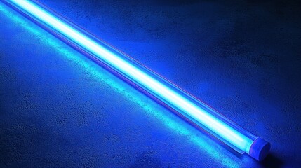 A glowing blue fluorescent tube on a textured surface, emitting bright light.