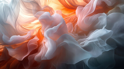Abstract flowing fabric-like shapes in soft orange and gray tones.