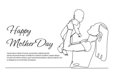 Mother and baby in continuous one line drawing. Mothers day celebration concept in single line art illustration. Editable vector.