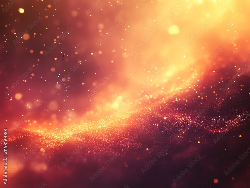 Poster A vibrant abstract background with glowing particles and waves in warm colors.