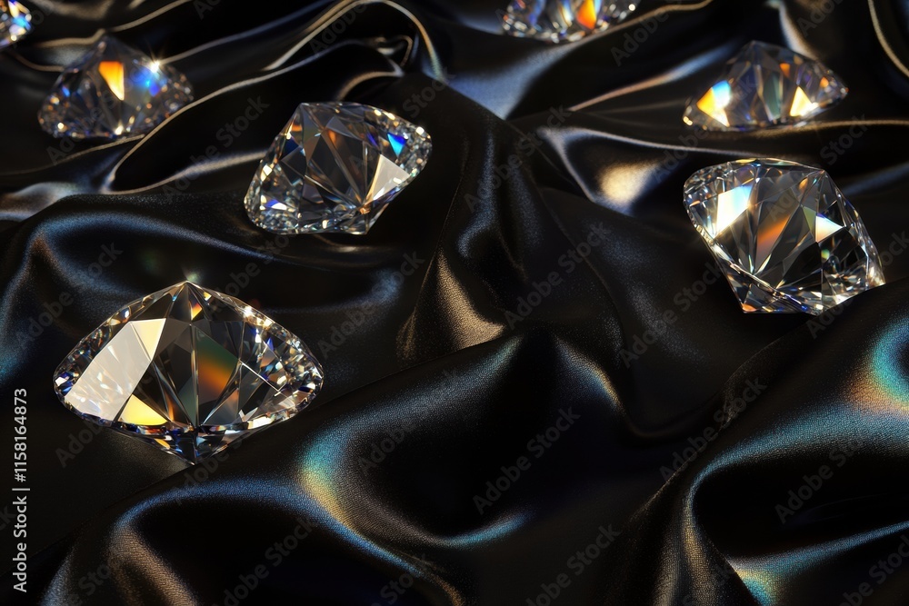 Aufkleber Sparkling diamonds arranged on luxurious black fabric with ample copy space for design. Generative AI