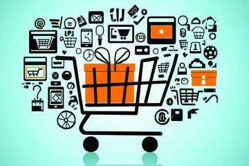 Shopping Cart with Icons of Online Retail Elements