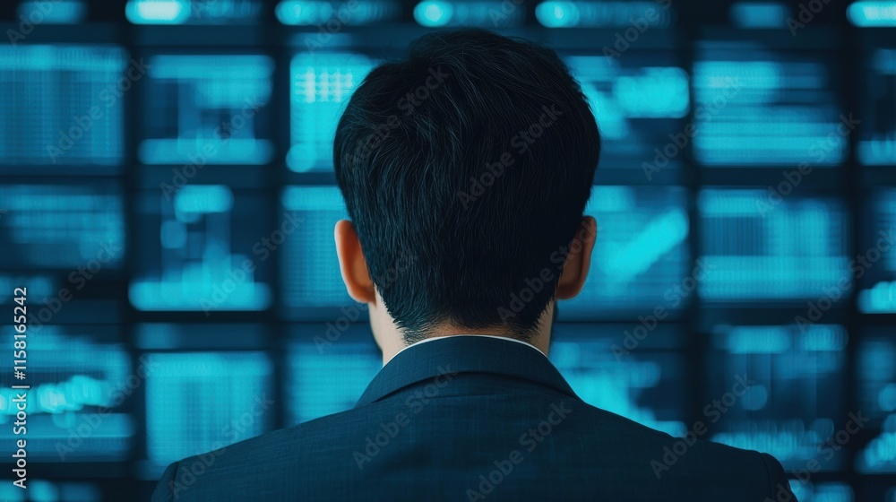 Poster Businessman analyzing data on multiple screens in futuristic control room