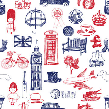 This seamless vector art design features iconic London elements, including Big Ben, red buses, the Tower Bridge, and the London Eye, intertwined with union jack motifs, creating a vibrant cityscape.
