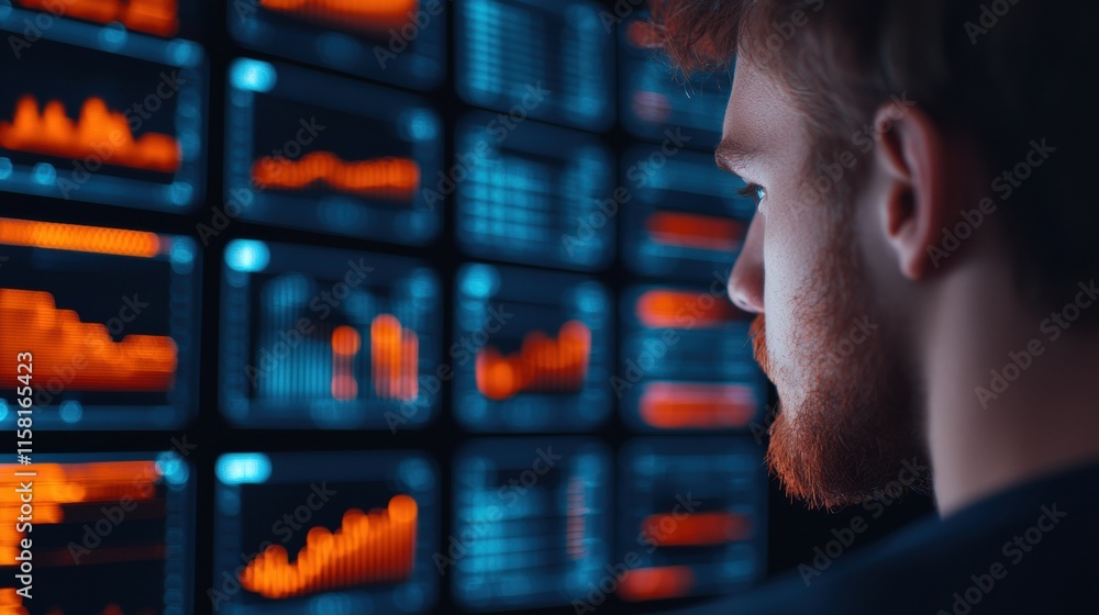 Poster Financial analyst examining data on multiple screens in futuristic control room