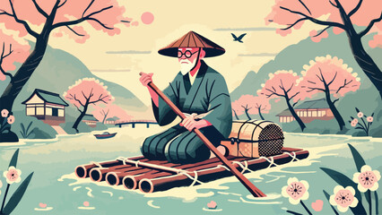 An old man riding a raft in typical Japanese worker clothing, on the river with cherry trees on the edge, low angle 