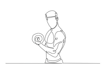 Man workout using barbell continuous one line drawing. Cardio and lifting exercises single line art illustration. Editable vector.
