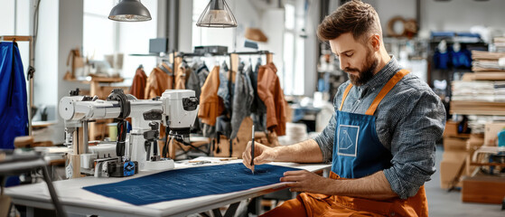 Craftsman using digital tablet to design patterns in workshop