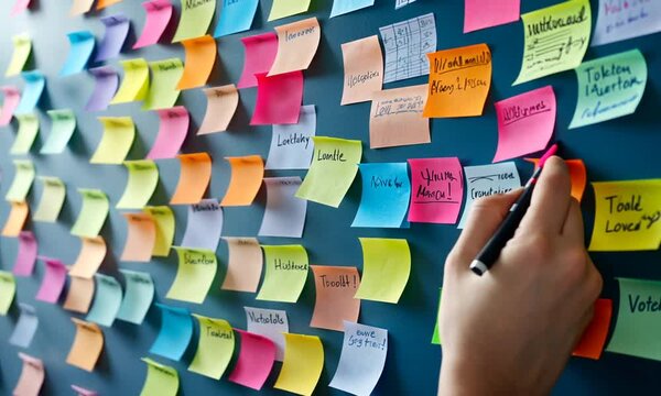 A colorful wall covered in sticky notes, used for brainstorming or organizing ideas.