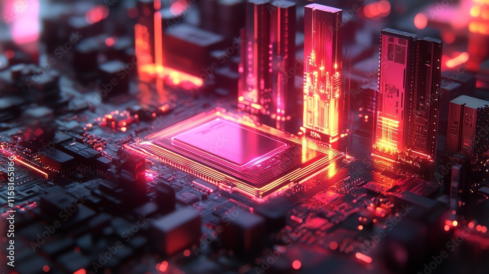 Poster A close-up view of a futuristic circuit board with glowing components.