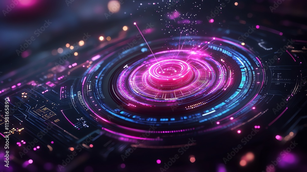 Poster A vibrant, futuristic digital interface showcasing abstract technology and data visualization.