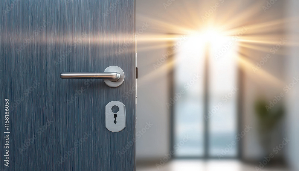 Wall mural door ajar with key in lock, soft shadows, and natural light streaming in