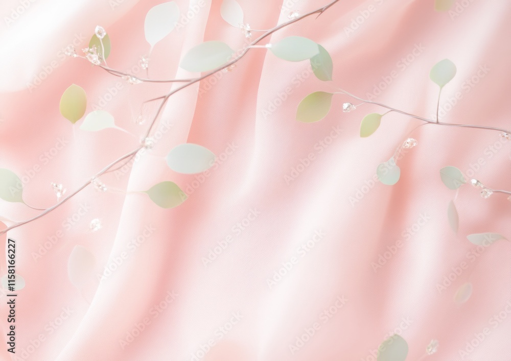 Poster elegant botanical design with delicate leaves on soft pink fabric background