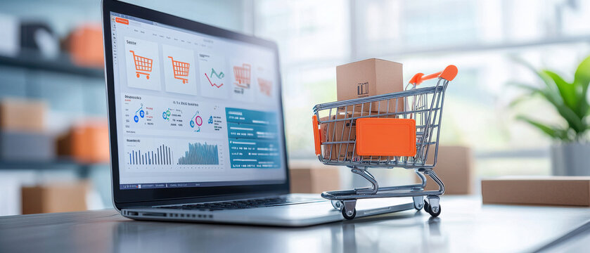 E commerce dashboard on monitor displaying sales data and shopping cart