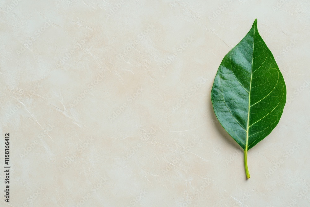 Poster minimalist composition of a single green leaf on neutral background