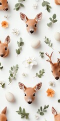Naklejka premium Whimsical Woodland Pattern with Deer and Floral Accents