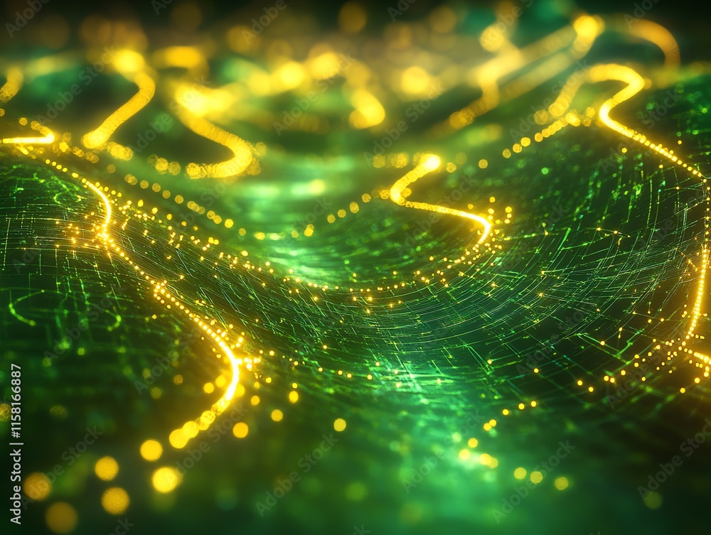 Poster abstract digital landscape with glowing lines and particles in green and yellow hues.