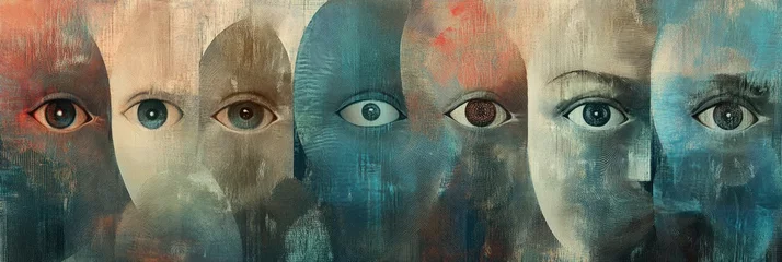 Fotobehang Abstracte kunst Faces with ghostly appearances express a range of emotions in an abstract art piece with muted colors and mysterious tones  © NAITZTOYA