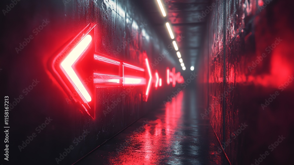 Aufkleber a dimly lit corridor featuring glowing red arrows directing towards a path.