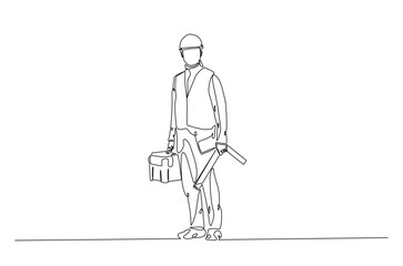 Builder man holding tool box in continuous one line drawing. construction worker single line art illustration. Editable vector.