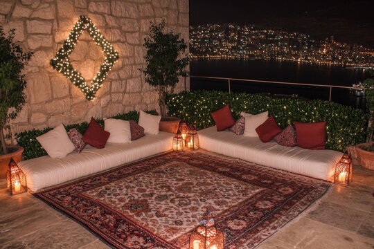 A moonlit iftar gathering on a rooftop, with lanterns and traditional rugs creating a cozy atmosphere