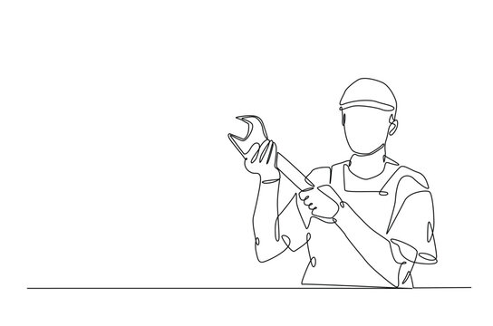 recommend clip art: Man holding monkey wrench in continuous one line drawing. construction worker single line art illustration. Editable vector.