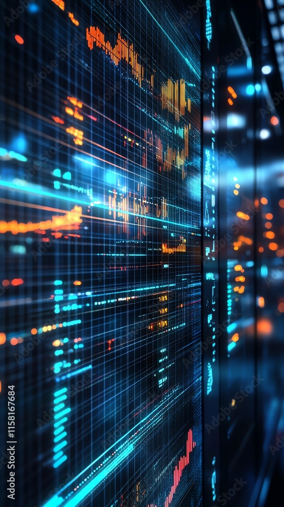 Poster Abstract digital data visualization with graphs and charts in vibrant colors.
