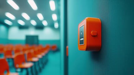 a red fire alarm switch. Close-up of an orange button in a modern classroom setting.