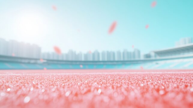 Futuristic Sports Field with Pastel Geometric Overlays and Subtle Data Visuals in Soft Focus