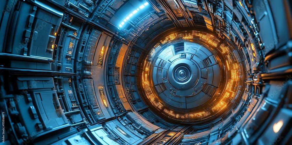 Poster a futuristic, circular corridor with glowing elements and metallic textures.
