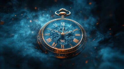 Vintage pocket watch with swirling blue smoke and air motion effects in a retro design