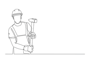 Builder man holding hammer in continuous one line drawing. construction worker single line art illustration. Editable vector.