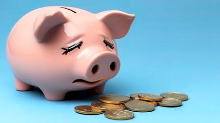 Sad piggy bank with few coins, depicting financial difficulty.