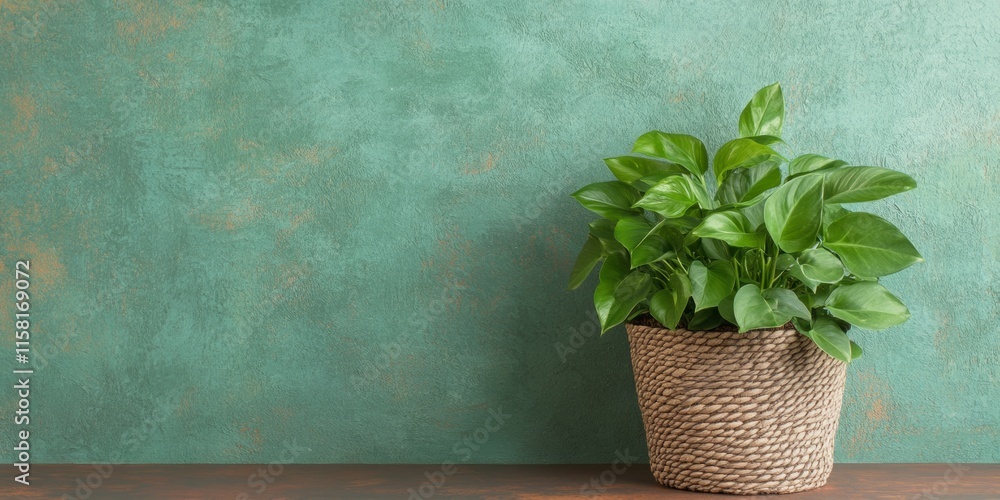 Poster rustic still life with basket of greenery on textured background