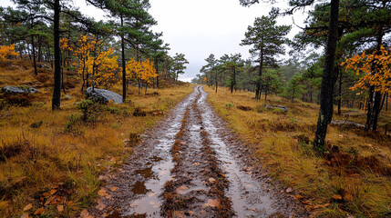Obraz premium Misty morning in coastal pine forest with wet dirt path and autumn foliage. scene evokes tranquility and connection with nature