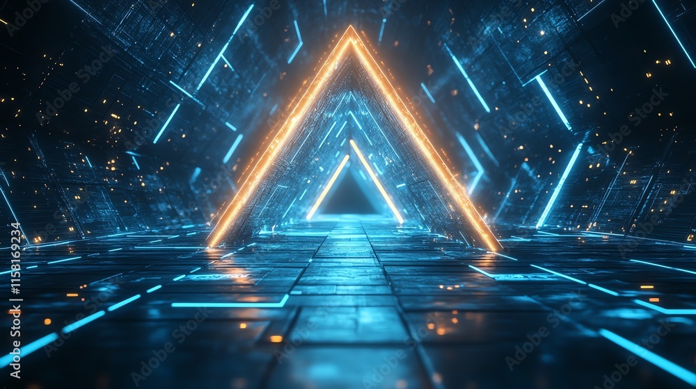 Poster a futuristic corridor with glowing triangular shapes and neon lights.