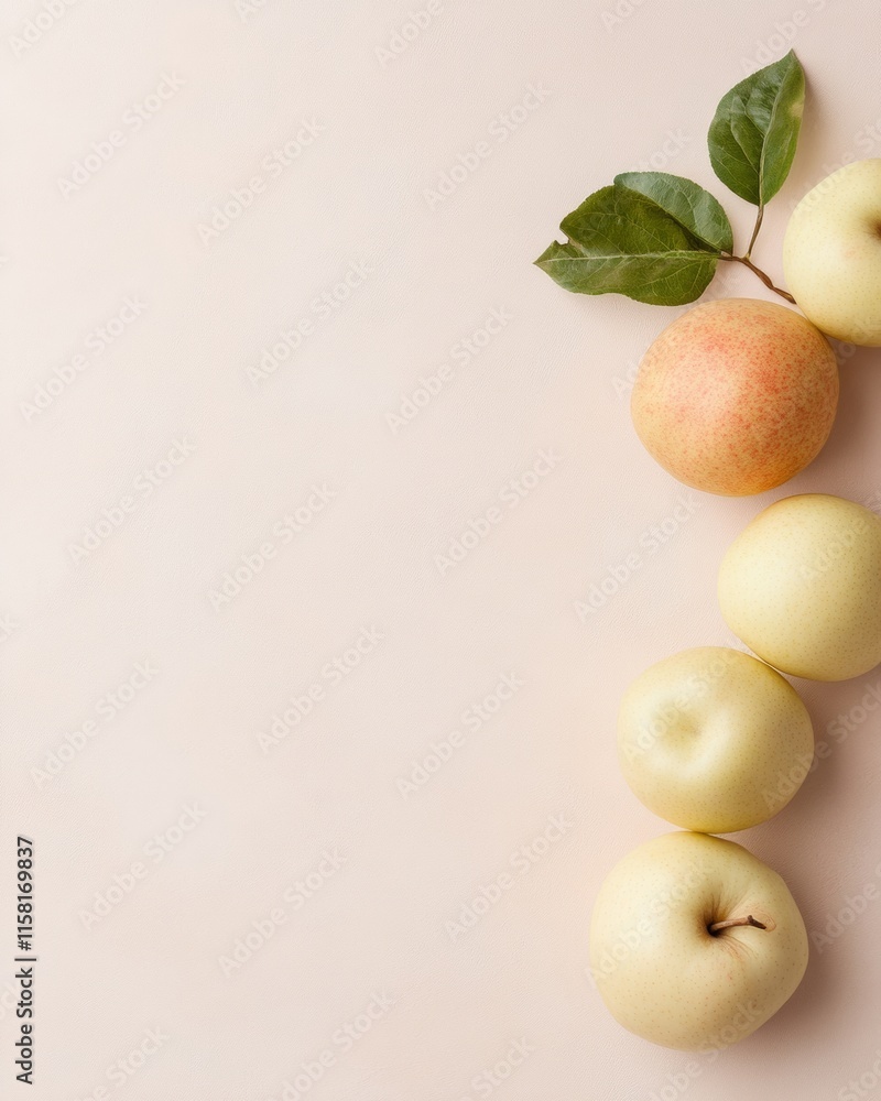 Poster minimalist composition of white and peach fruits on soft background