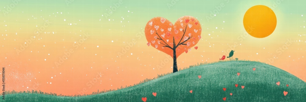 Aufkleber whimsical hand drawn valentines day design featuring a heart shaped tree under a sunny sky with spac