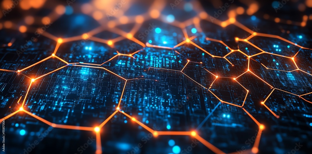 Poster Abstract digital network with glowing nodes and interconnected lines.