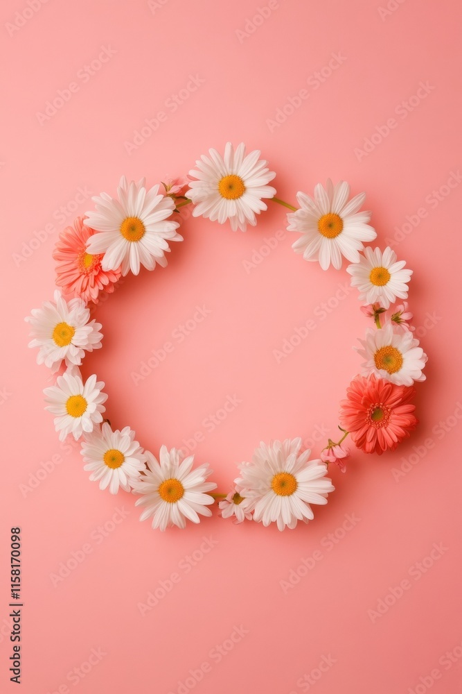 Poster minimalist daisy chain circular frame on pink background