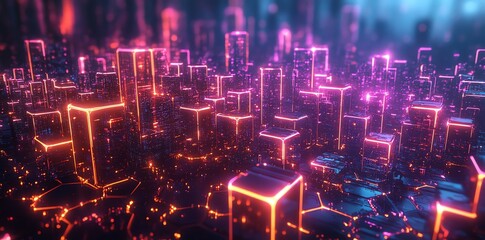 Fototapeta premium A vibrant, futuristic cityscape with glowing geometric structures and neon lights.