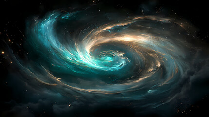 Swirling vortex of turquoise hue with wispy strands of silver and gold, suspended in mid-air, swirling, iridescent, aetherial. Aetherial. Illustration