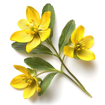 Yellow wildflowers isolated on white background with clipping path. Top view. Flat lay.