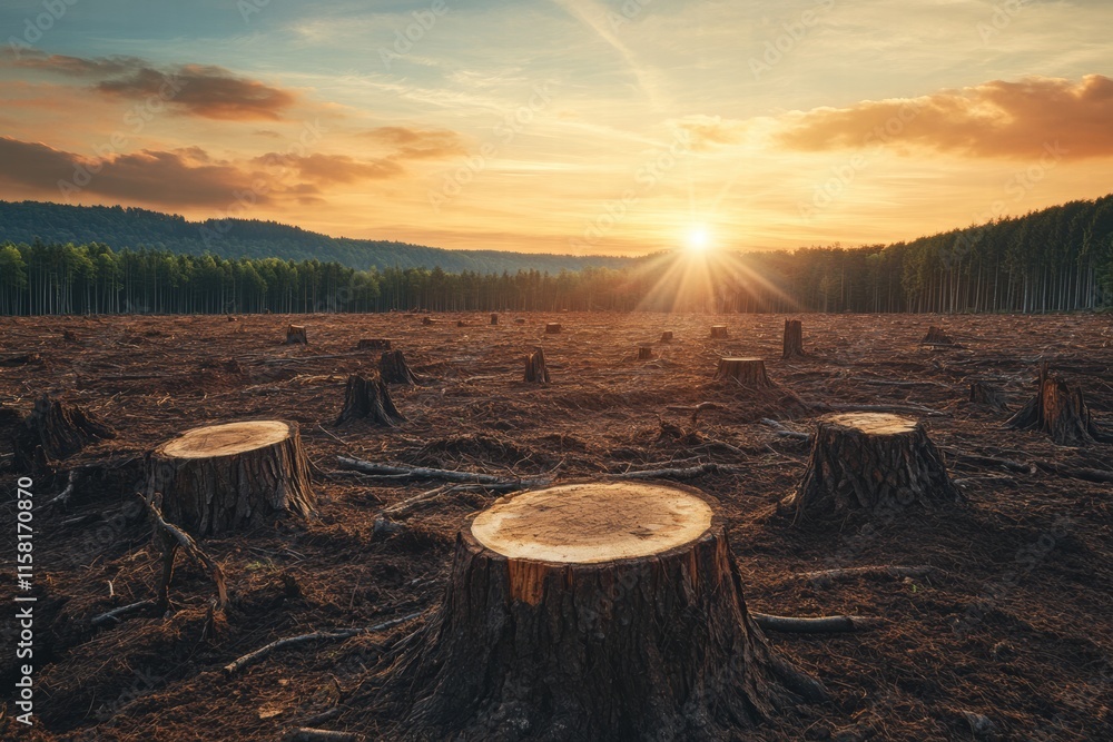 Aufkleber deforestation resulting in a barren landscape with tree stumps at sunset in a tranquil environment. 