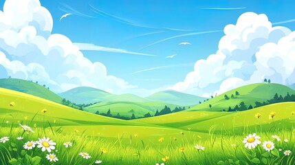 Fototapeta premium Sunny day, green hills, wildflowers, blue sky, fluffy clouds, peaceful landscape.