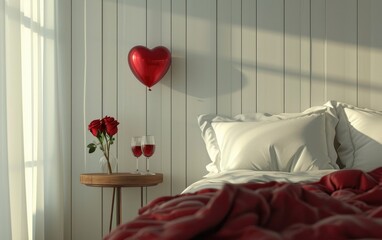 Glamor Bedroom With Red Roses and Wine on a Bedside Table Heart Balloon on White Wooden Wall