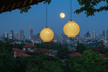 Obraz premium A rooftop Eid iftar gathering with a stunning view of a crescent moon and city lights, surrounded by traditional lanterns