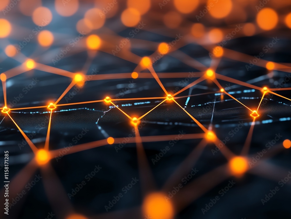 Poster Abstract digital network representation with glowing nodes and connections.